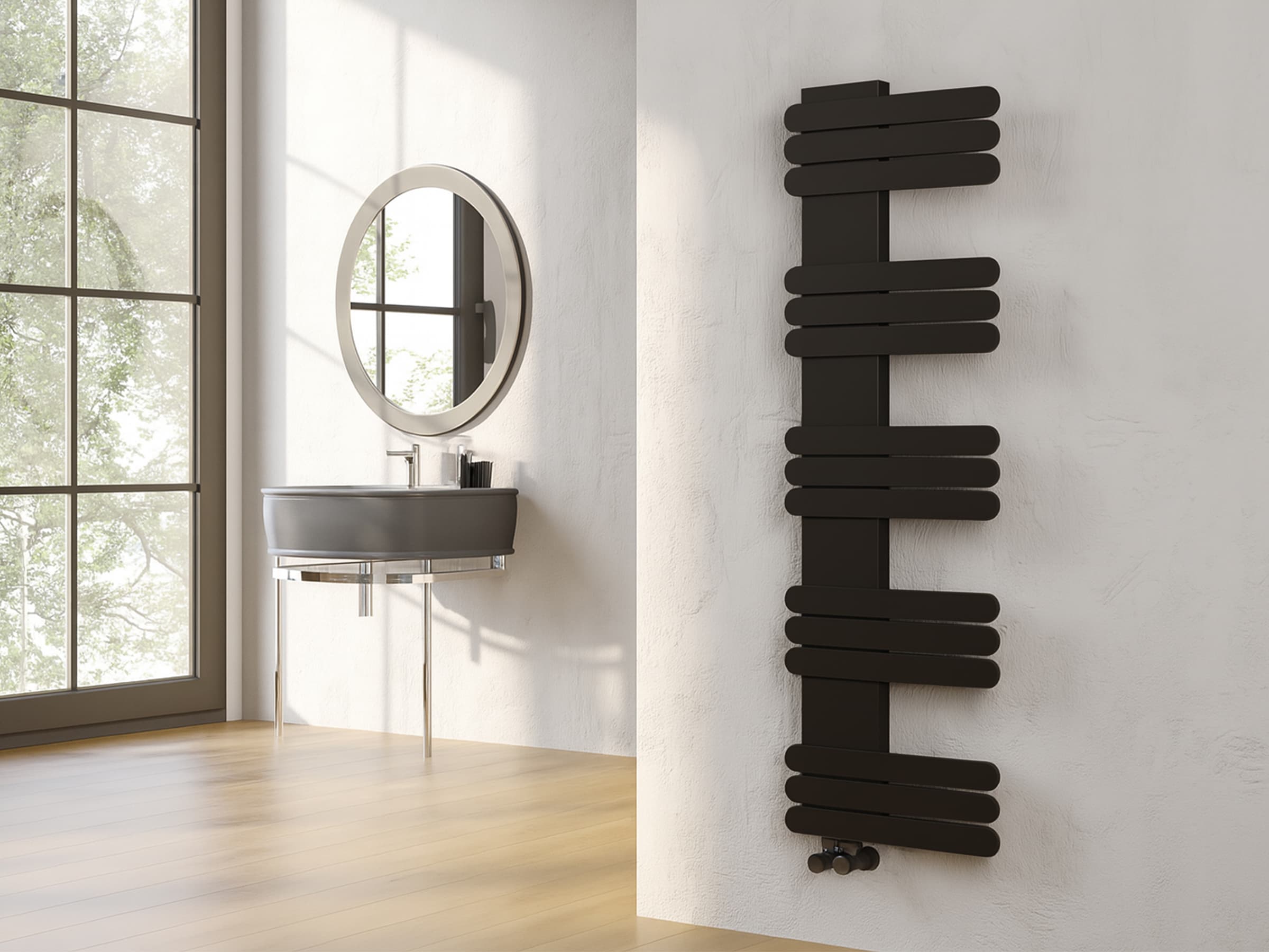 Uscător de prosoape decorativ LOJIMAX, colecția NUMMO Lățime 250 mm. Înălțime 400 mm. negru mat