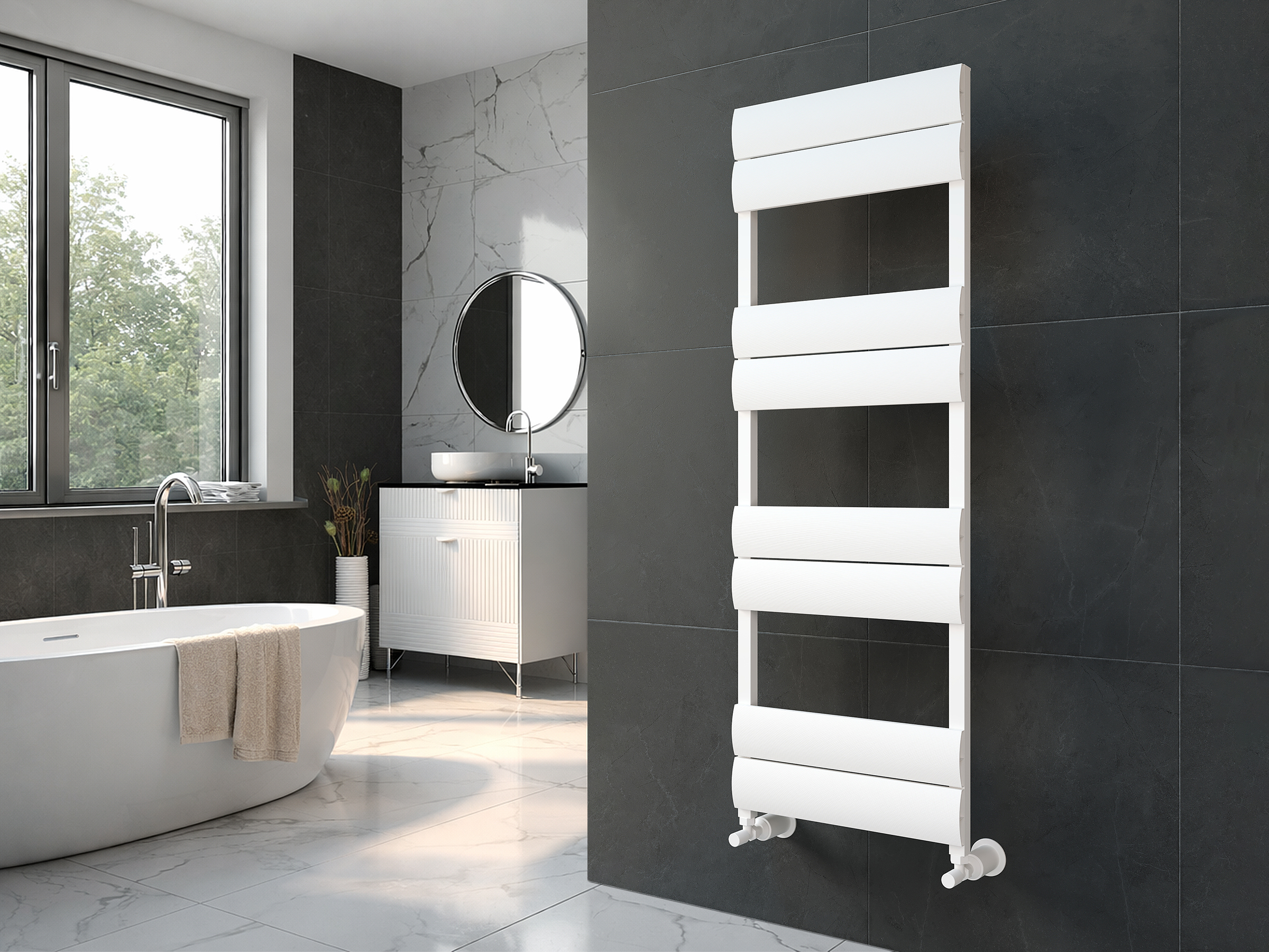 Uscător de prosoape decorativ LOJIMAX, colecția EMERALD LINE Lățime 300 mm. Înălțime 600 mm. alb mat