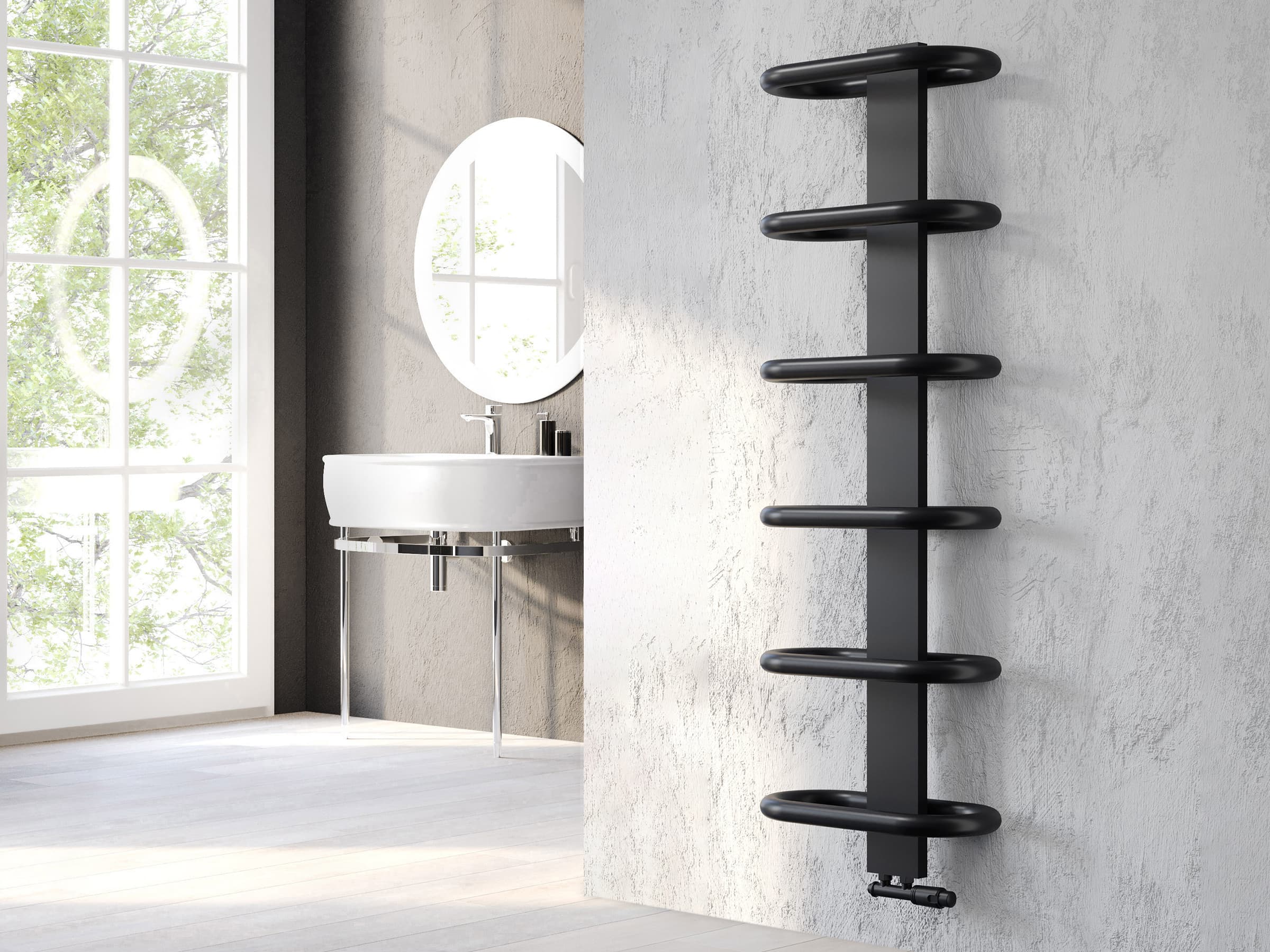 Uscător de prosoape decorativ LOJIMAX, colecția TEOS Lățime 390 mm. Înălțime 400 mm. negru mat