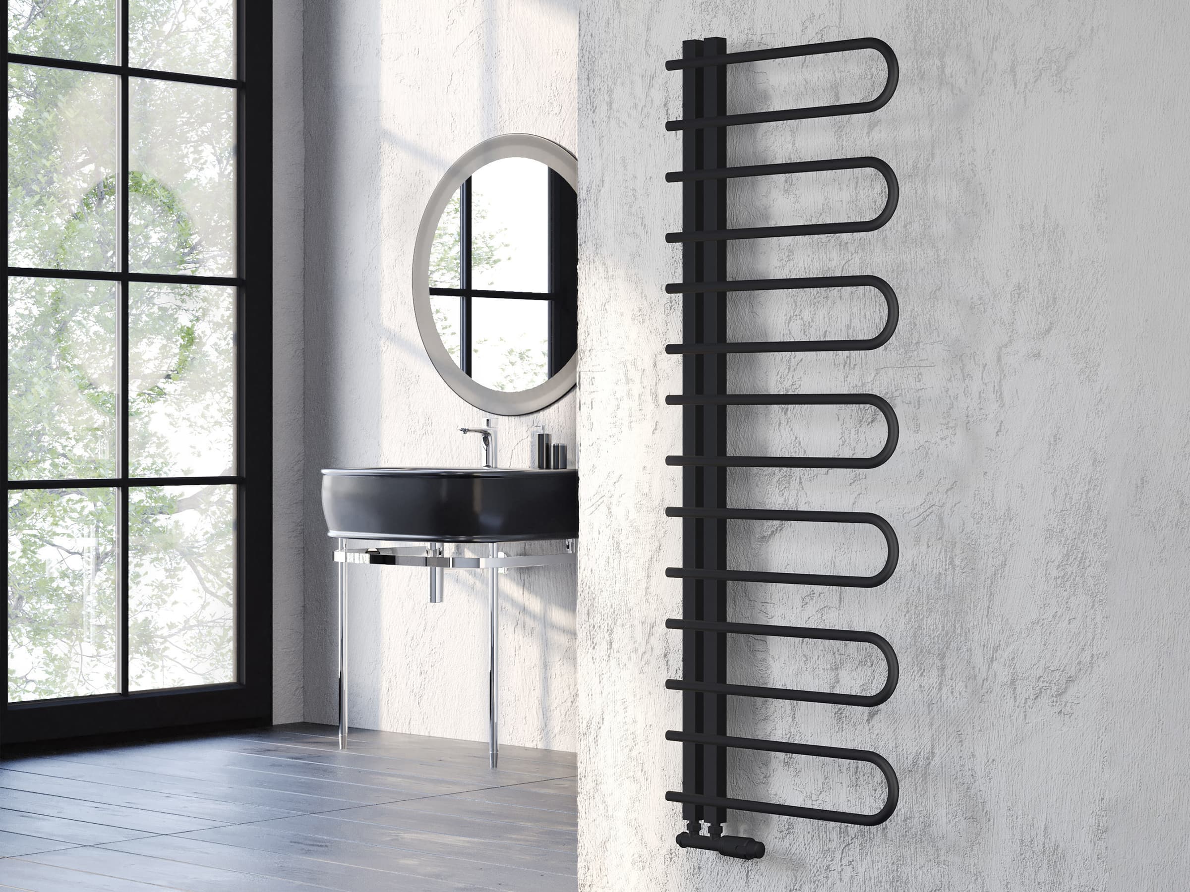 Uscător de prosoape decorativ LOJIMAX, colecția CORTE Lățime 400 mm. Înălțime 500 mm. negru mat