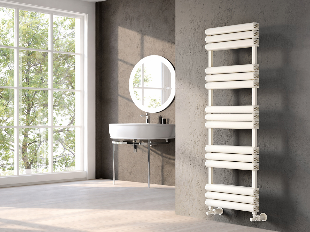 Uscător de prosoape decorativ LOJIMAX, colecția COPPA LINE Lățime 300 mm. Înălțime 368 mm. alb mat