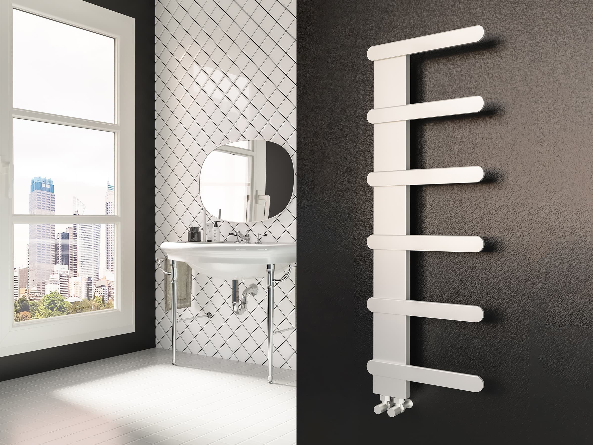 Uscător de prosoape decorativ LOJIMAX, colecția NUMMO STYLE Lățime 940 mm. Înălțime 450 mm. negru mat